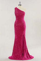 Cheap One Shoulder Long Prom Dress Hot Pink Sequins Mermaid Slit