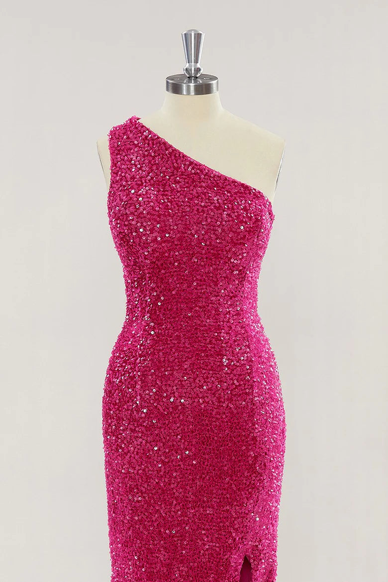 Cheap One Shoulder Long Prom Dress Hot Pink Sequins Mermaid Slit - MyChicDress