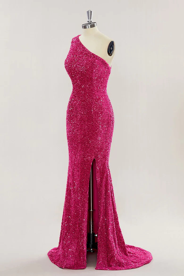 Cheap One Shoulder Long Prom Dress Hot Pink Sequins Mermaid Slit - MyChicDress