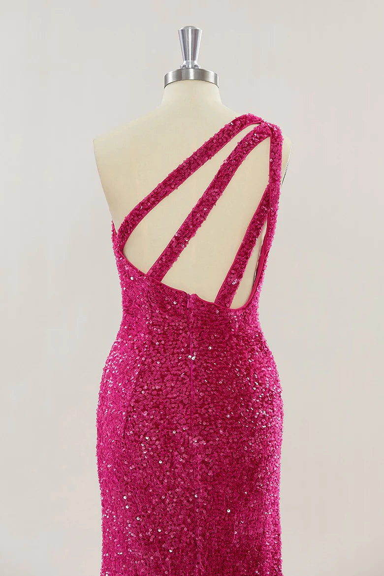Cheap One Shoulder Long Prom Dress Hot Pink Sequins Mermaid Slit - MyChicDress