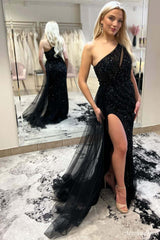 Cheap 2025 One shoulder Black Prom Dresses Sequin long Formal Gown - MyChicDress
