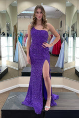 Cheap Purple Sequins Long Prom Dresses Mermaid One Shoulder Formal Wears