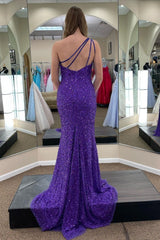 Cheap Purple Sequins Long Prom Dresses Mermaid One Shoulder Formal Wears
