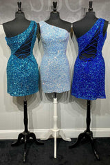 Cheap Royal Blue Homecoming Dresses Sequin One Shoulder Short Hoco Dress