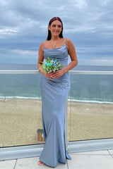 Cheap Satin Dusty Blue Wedding Guest Dress Long Formal Dress Cowl Neck - MyChicDress