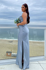 Cheap Satin Dusty Blue Wedding Guest Dress Long Formal Dress Cowl Neck - MyChicDress