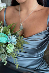 Cheap Satin Dusty Blue Wedding Guest Dress Long Formal Dress Cowl Neck - MyChicDress