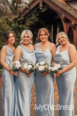 Cheap Satin Long Sky Blue Boho Bridesmaid Dress Cowl Neck