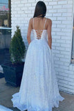 Cheap Sequins Evening Dress Square White Prom Dress Straps Slit Mermaid