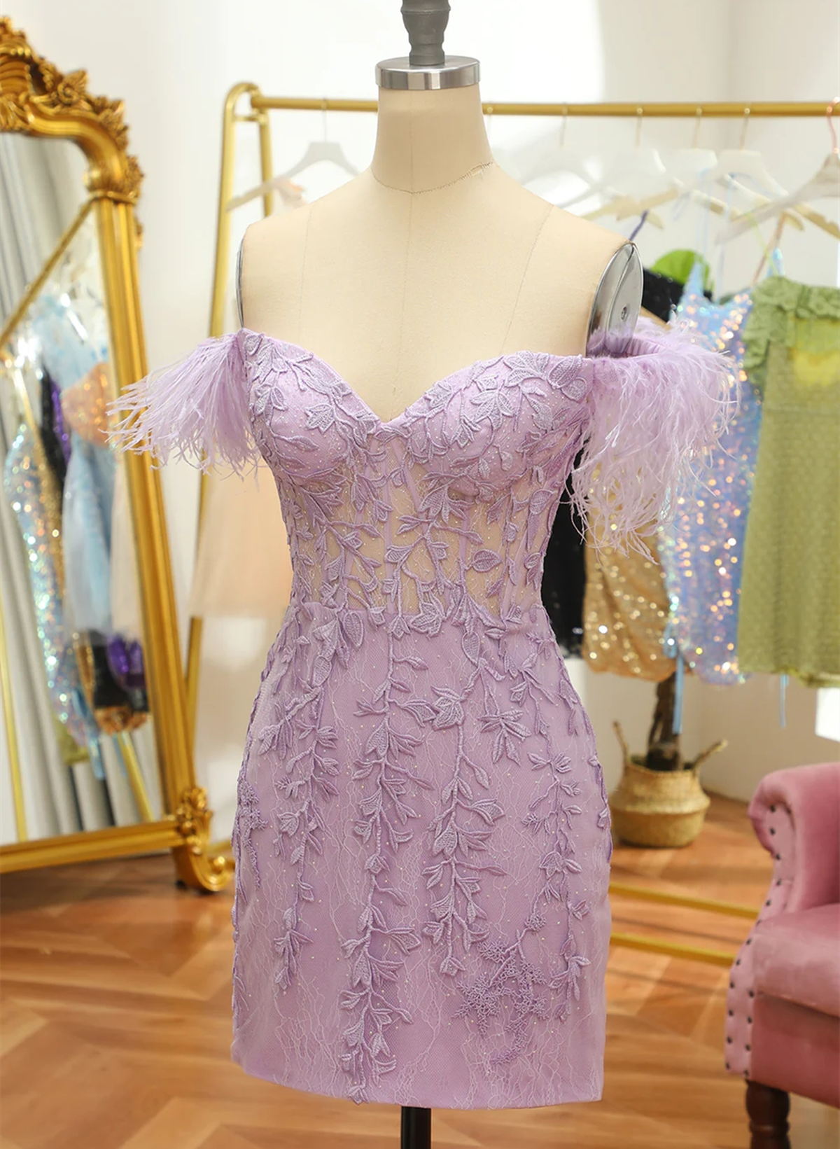 Cheap Sweetheart Short Lavender 2025 Homecoming Dressa Lace Feathers - MyChicDress