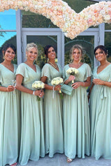 Cheap V-Neck Sage Green Bridesmaid Dress UK Pleated Chiffon Party Dress