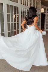 Cheap White Satin Wedding Dresses A-Line Strapless with Slit