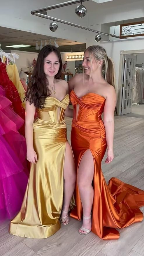 Cheap Emerald Green Satin Prom Dresses Long Formal Gown with split