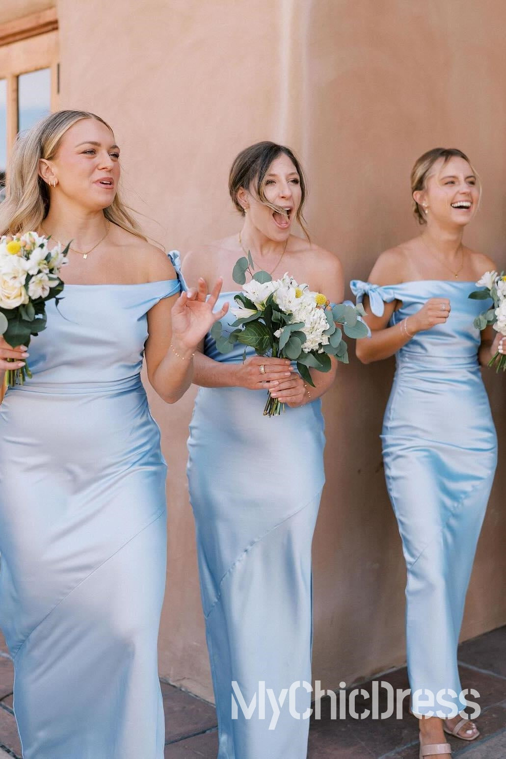 Cheap Long Light Blue Bridesmaid Dress Off-Shoulder Sheath Pleated Satin