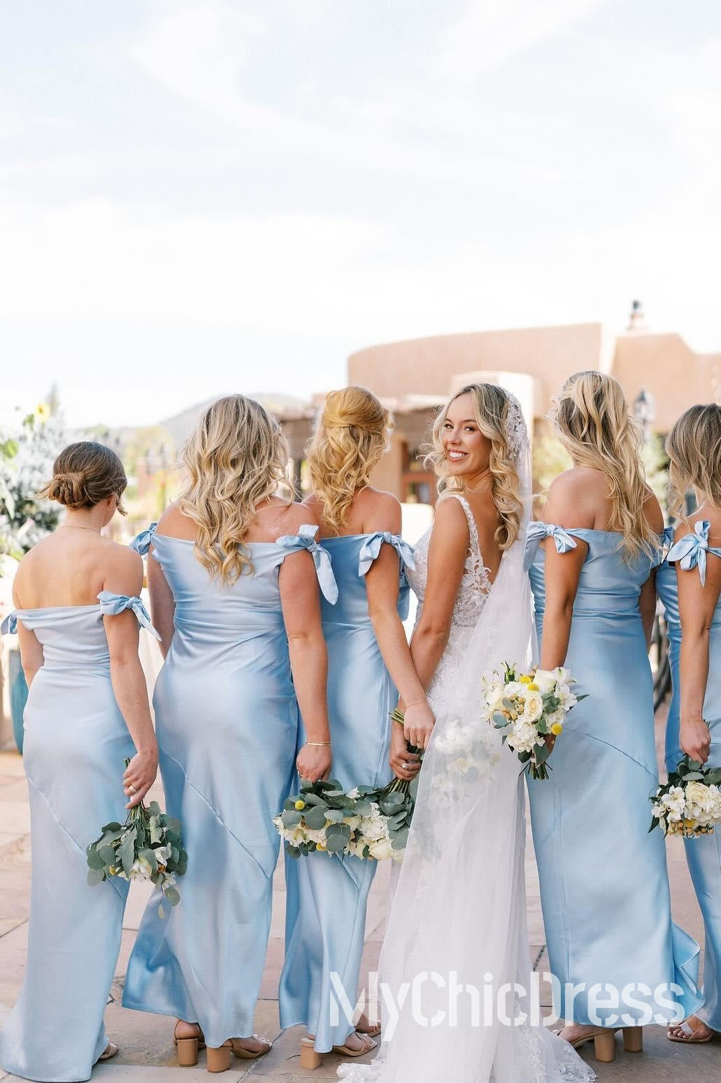 Cheap Long Light Blue Bridesmaid Dress Off-Shoulder Sheath Pleated Satin