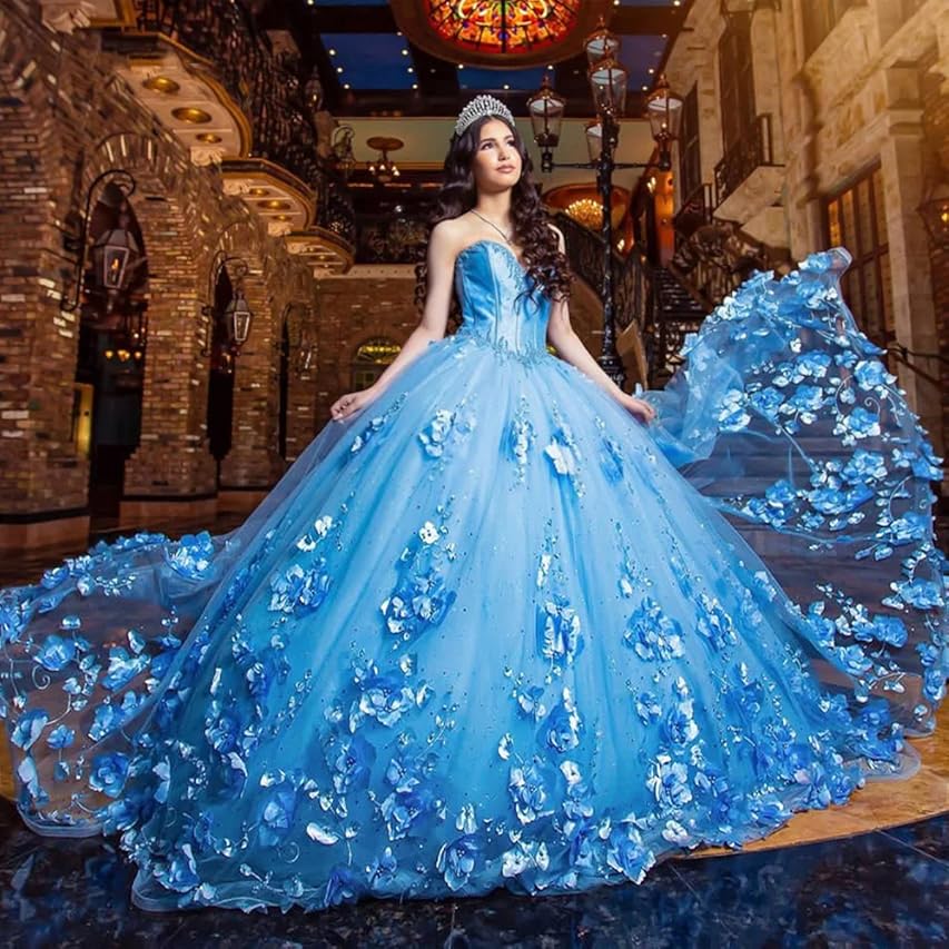 Cheap Blue Quinceanera Dresses Beaded Strapless with 3D Flowers