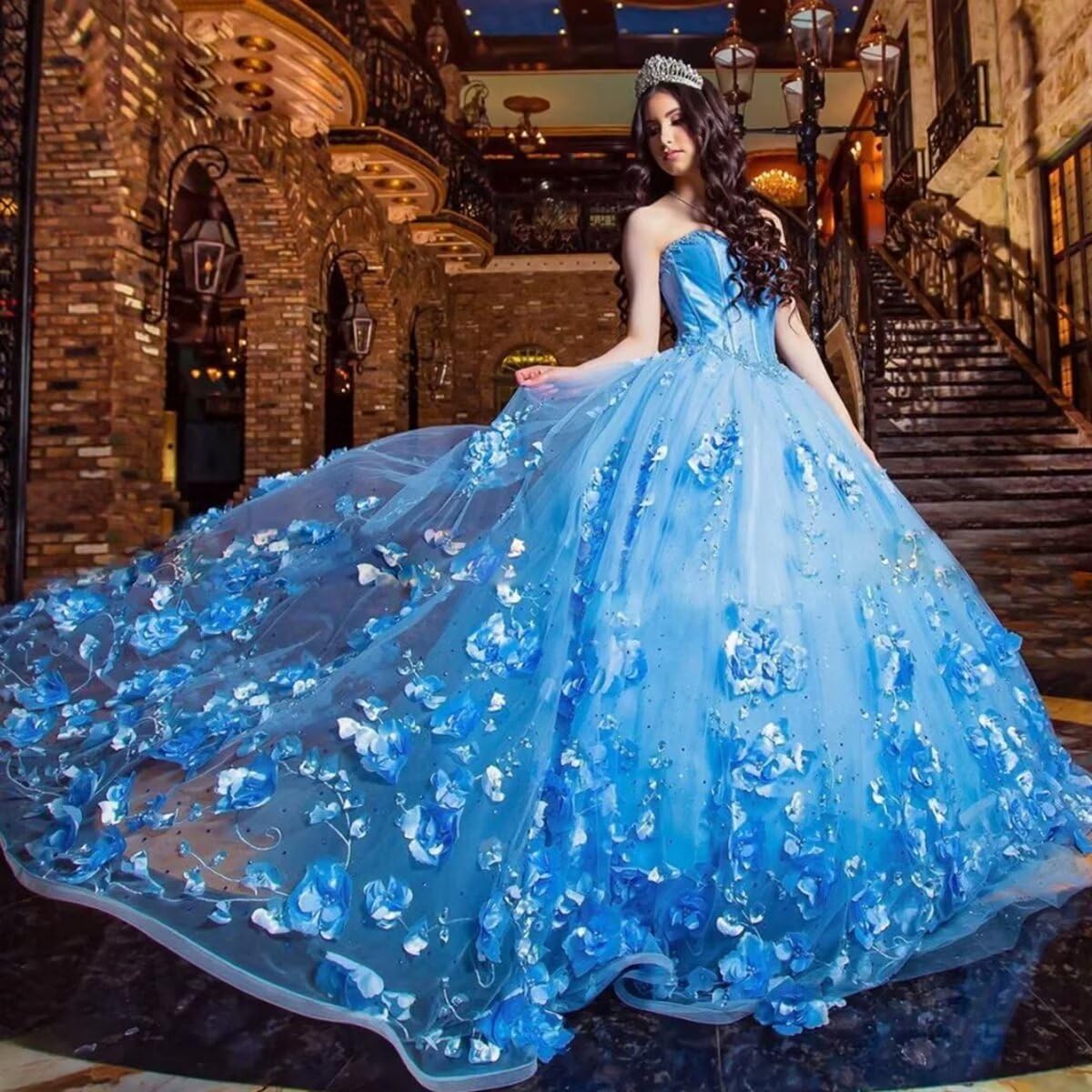 Cheap Blue Quinceanera Dresses Beaded Strapless with 3D Flowers