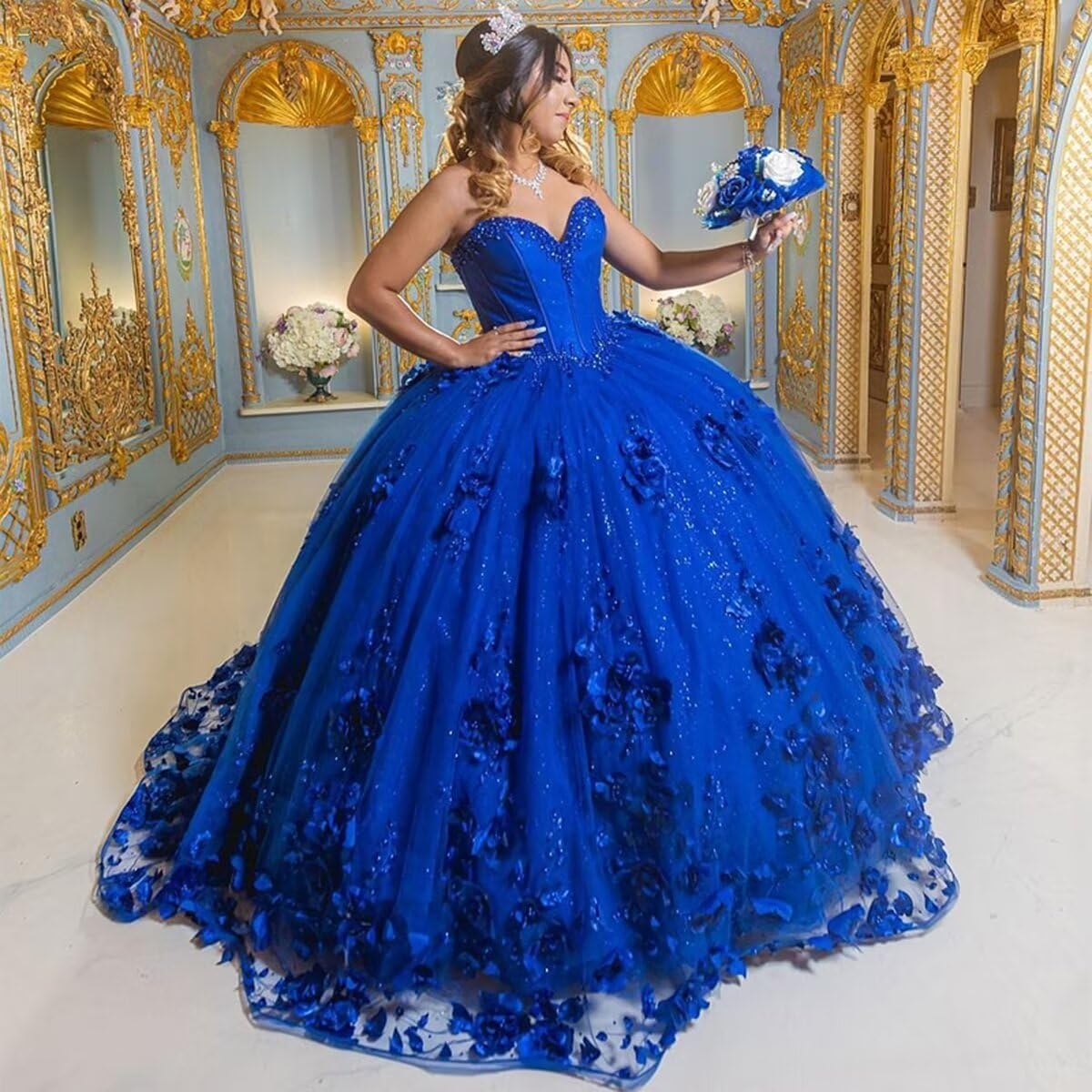 Cheap Blue Quinceanera Dresses Beaded Strapless with 3D Flowers