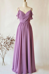 Chiffon Dusty Purple Wedding Guest Dress Straps Long Bridesmaid Dress