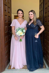 Chiffon Long Pink Bridesmaid Dress A-Line V-neck Wedding Party Dress