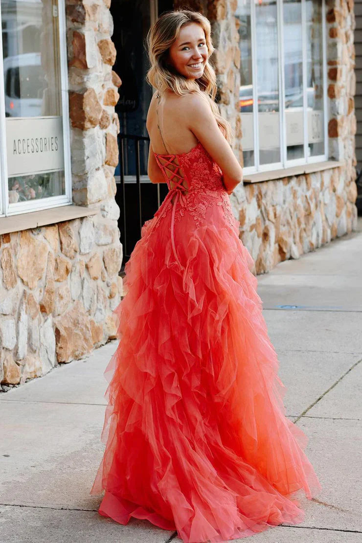 Coral Pink Layered 2025 Prom Dress Tiered Tulle Strapless Applique