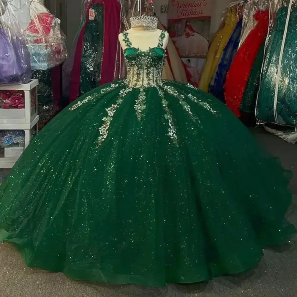 Corset Emerald Green Quinceanera Dresses Tulle with Florals