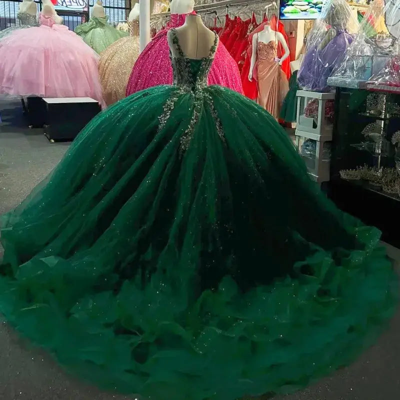 Corset Emerald Green Quinceanera Dresses Tulle with Florals