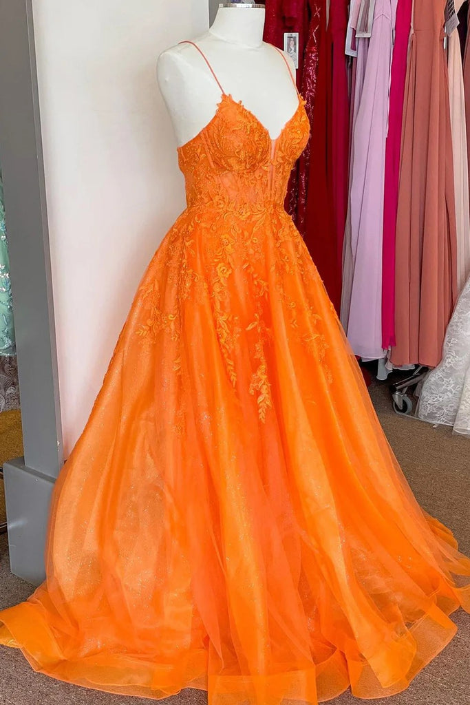 2025 Corset Orange Prom Dress Lace A Line Spaghetti Straps Appliques - MyChicDress