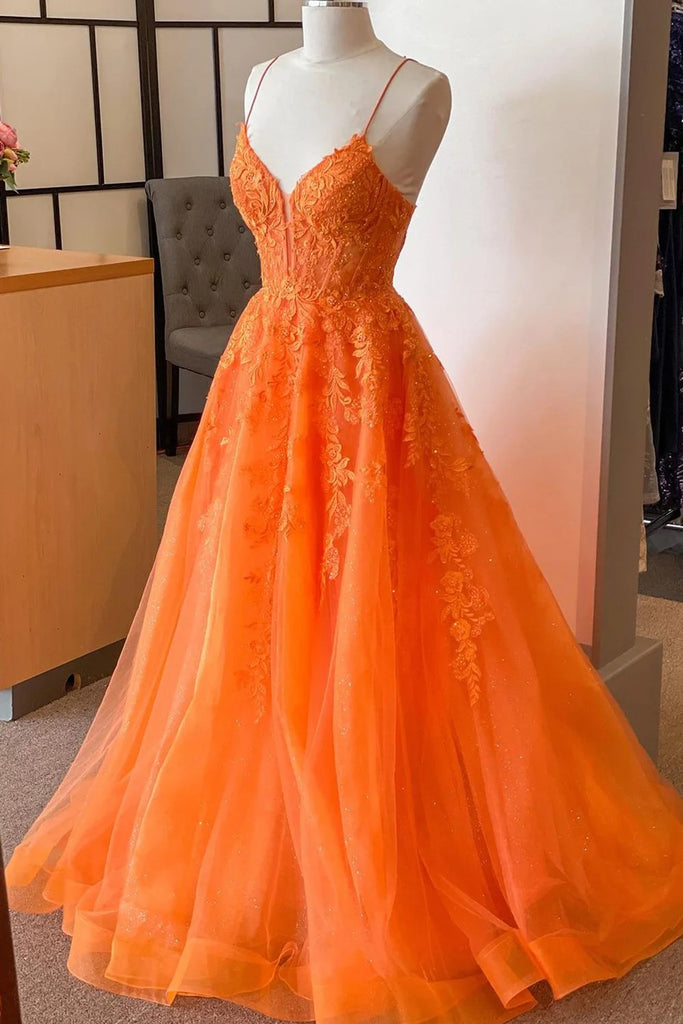 2025 Corset Orange Prom Dress Lace A Line Spaghetti Straps Appliques - MyChicDress