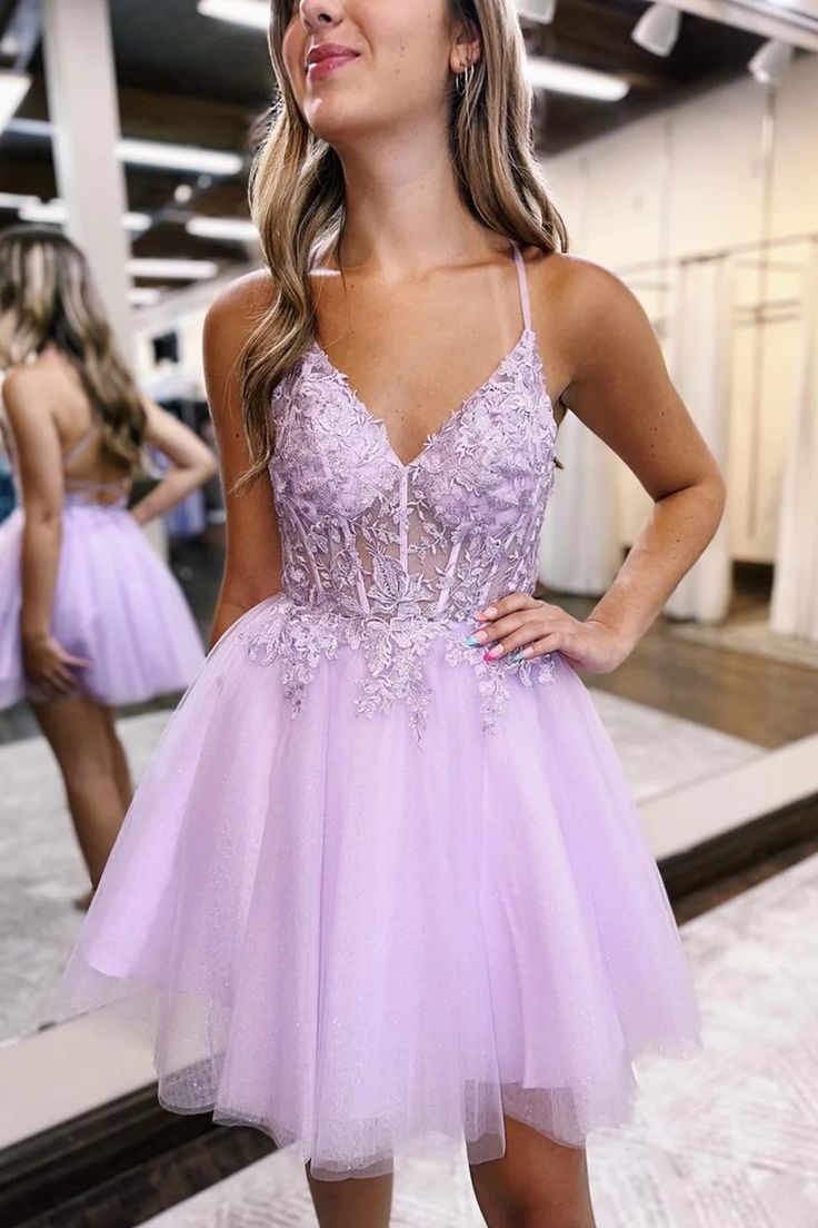 light purple hoco dress with lace