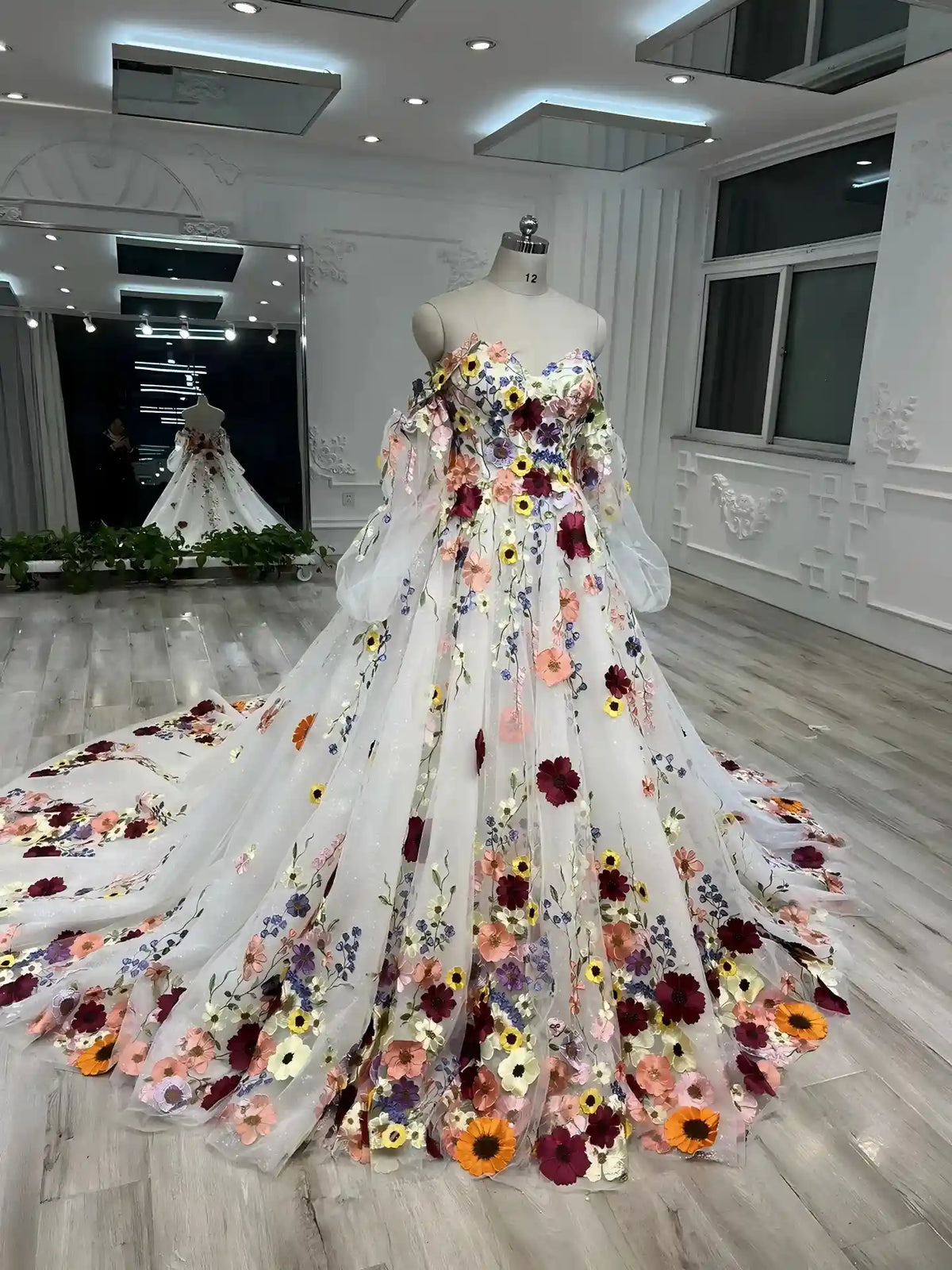 A Line Puff Sleeves Beach Wedding Dresses 3D Florals Off Shoulder
