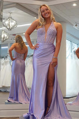 Sheath Halter Lavender Prom Dress US With Split Deep V-neck