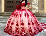 Custom Made 3D Flower Red Lace Quinceanera Dresses Off the Shoulder