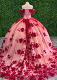 Custom Made 3D Flower Red Lace Quinceanera Dresses Off the Shoulder
