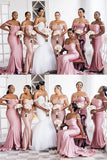 Custom Made Pink Bridesmaid Dresses Off Shoulder Long Mermaid Satin Party Dress