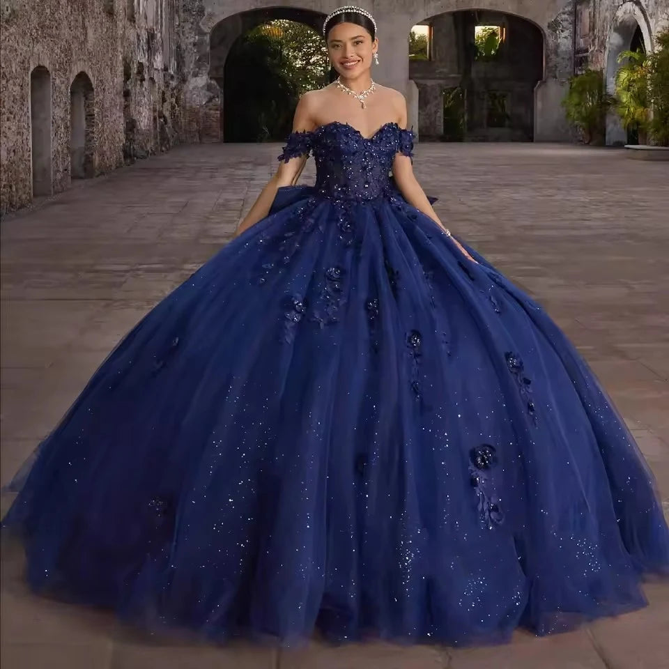 Customized Navy Blue Quinceanera Dresses Beading Flowers Vestidos De 15 Anos