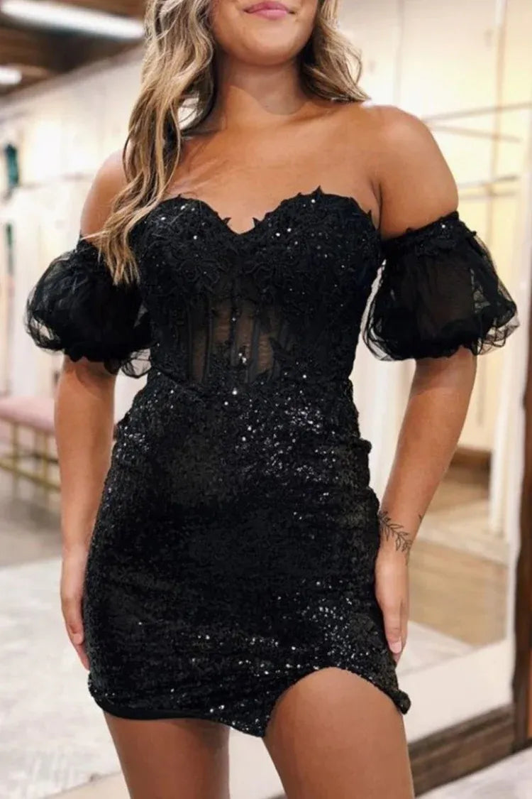 Cute Sequin Black Homecoming Dress Applique with Bubble Sleeves