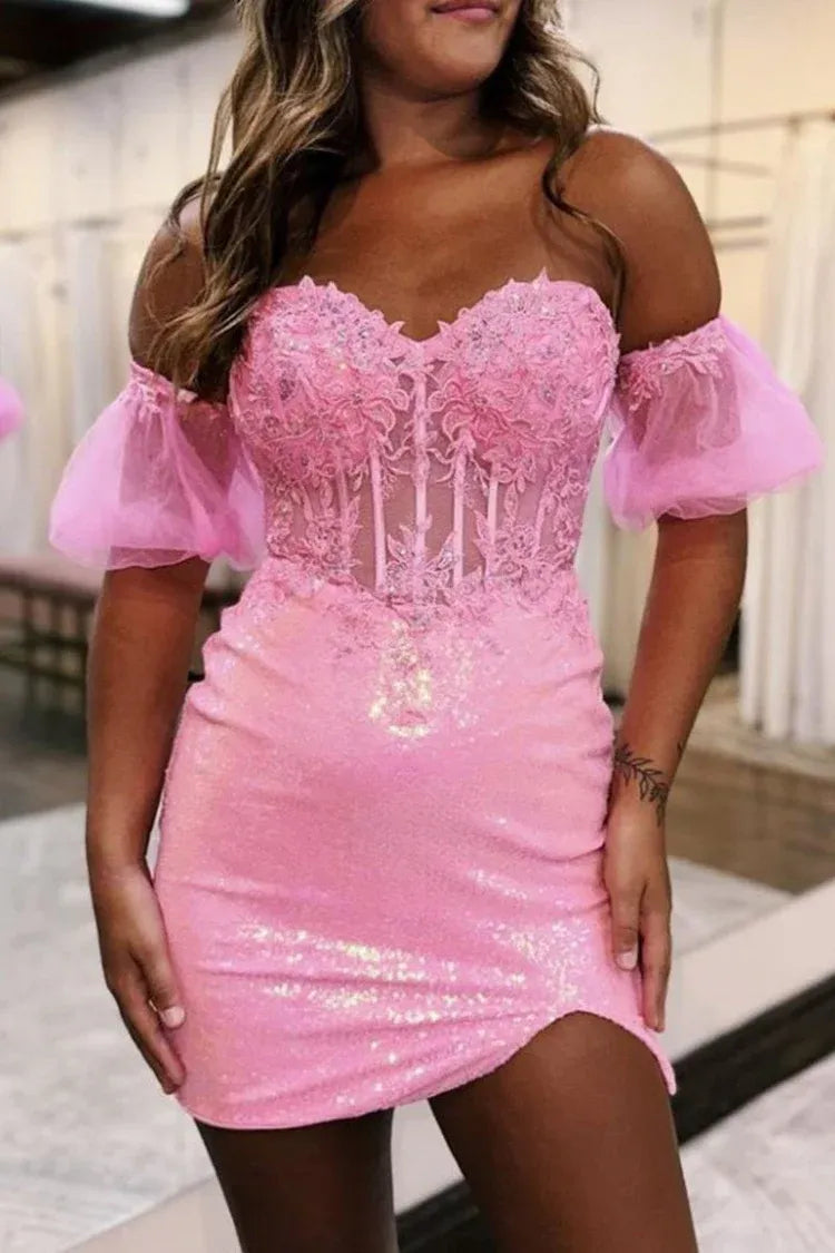Cute Sequin Pink Homecoming Dress Applique with Bubble Sleeves