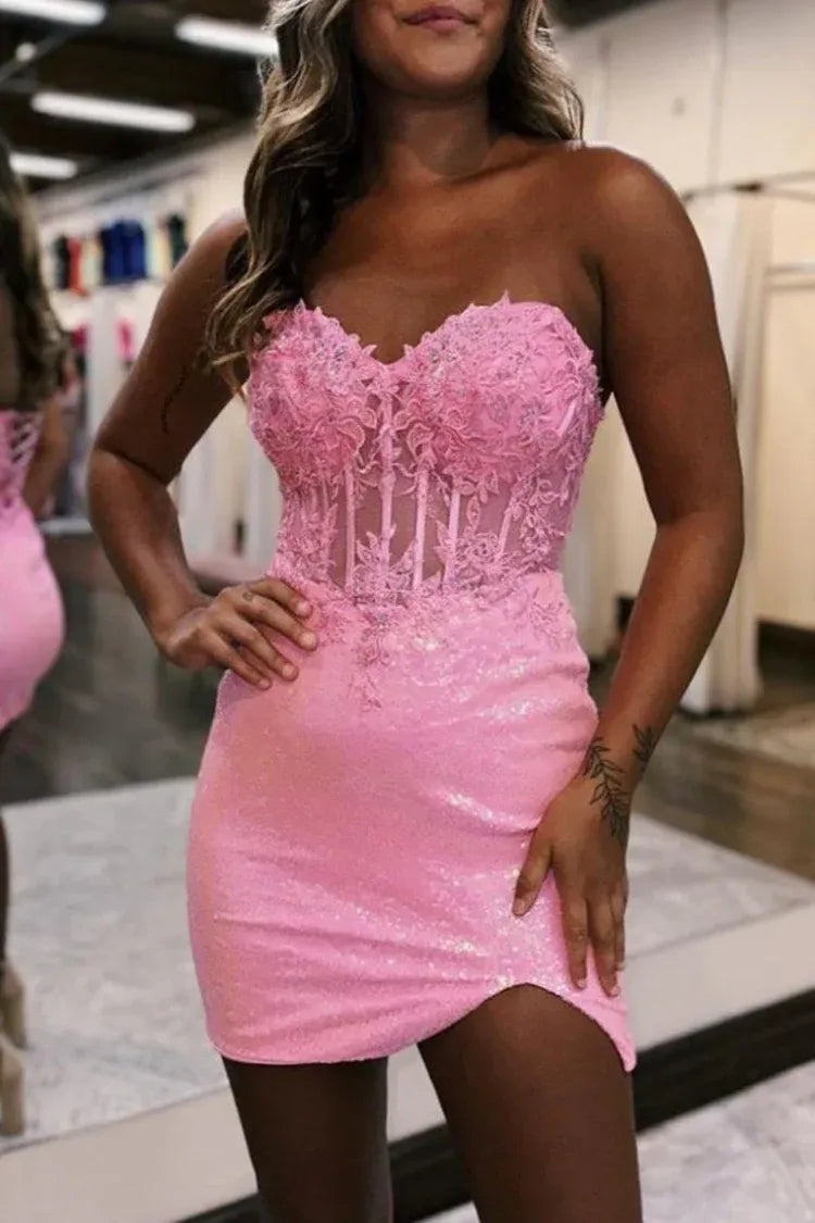 Cute Sequin Pink Homecoming Dress Applique with Bubble Sleeves