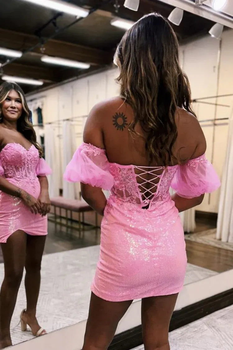Cute Sequin Pink Homecoming Dress Applique with Bubble Sleeves