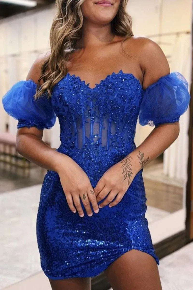 Cute Sequin Royal Blue Homecoming Dress Applique with Bubble Sleeves
