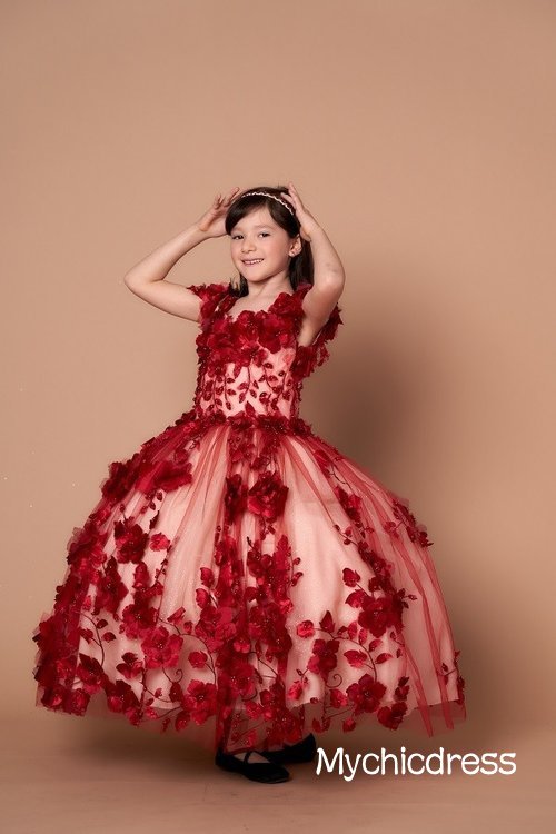 3D Flowers Burgundy Pageant Girl Dresses