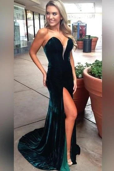 Dark Green Velvet Long Formal Prom Dress Mermaid Plunging V Neckline - MyChicDress