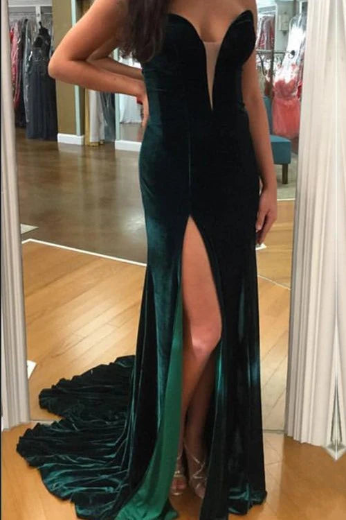 Dark Green Velvet Long Formal Prom Dress Mermaid Plunging V Neckline - MyChicDress