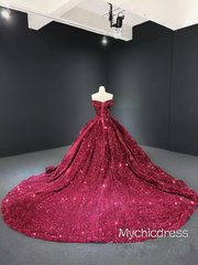 Dark Red Quinceanera Dresses Sequin Off the Shoulder Glitter Wedding Gown