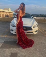 2024 Dark Red Sequin Formal Dresses Long Mermaid Prom Dress Sweetheart with Slit