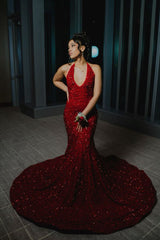 Deep V Neck 2025 Red Iridescent Sequin Prom Dress Open Back Mermaid - MyChicDress