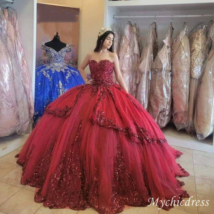 2025 Discount Burgundy Sequin Quince 15 Dresses Sweetheart Sleeveless - MyChicDress