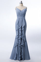 Dusty Blue Formal Dress Mermaid Wedding Guest Dress Chiffon with Ruffles - MyChicDress