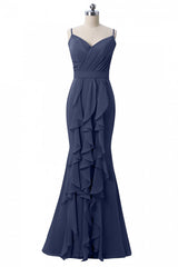Dusty Blue Formal Dress Mermaid Wedding Guest Dress Chiffon with Ruffles - MyChicDress